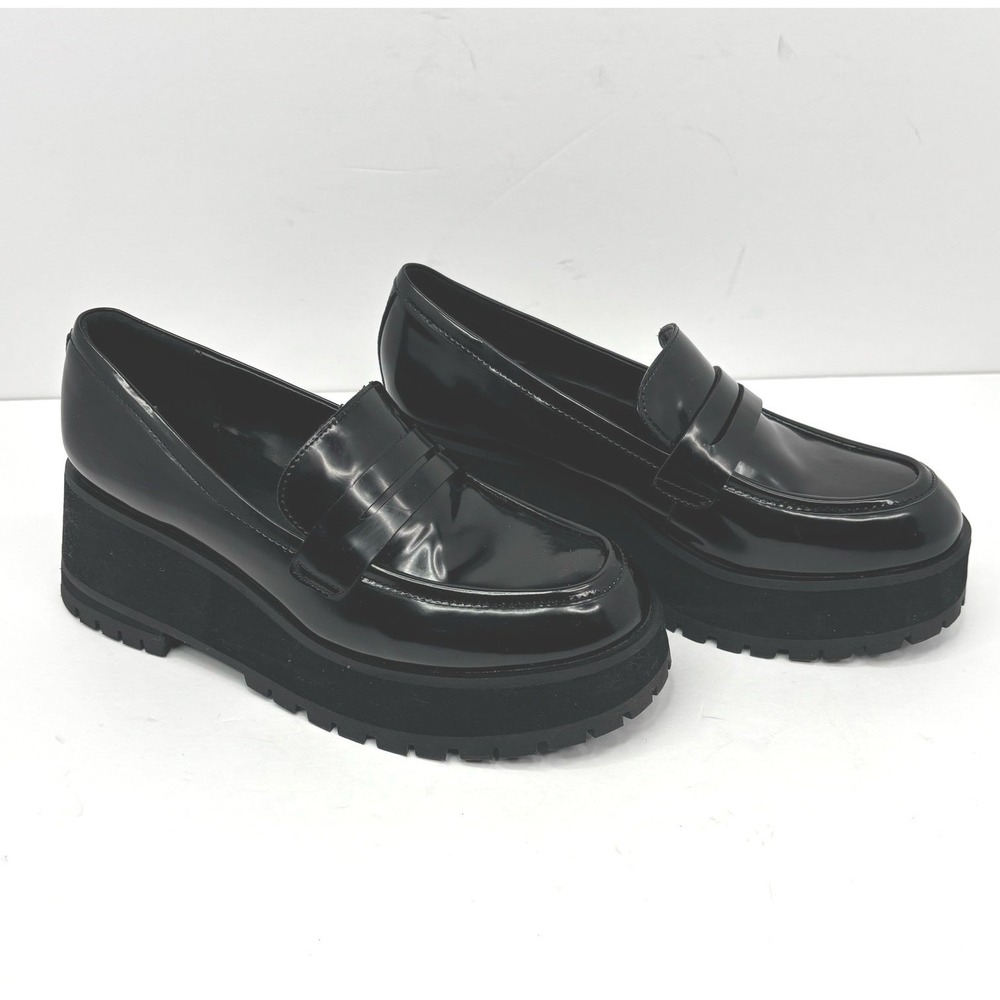 BP Shilo Black Patent‎ Platform Penny Loafers Lug Sole Chunky Shoes Womens 8.5M